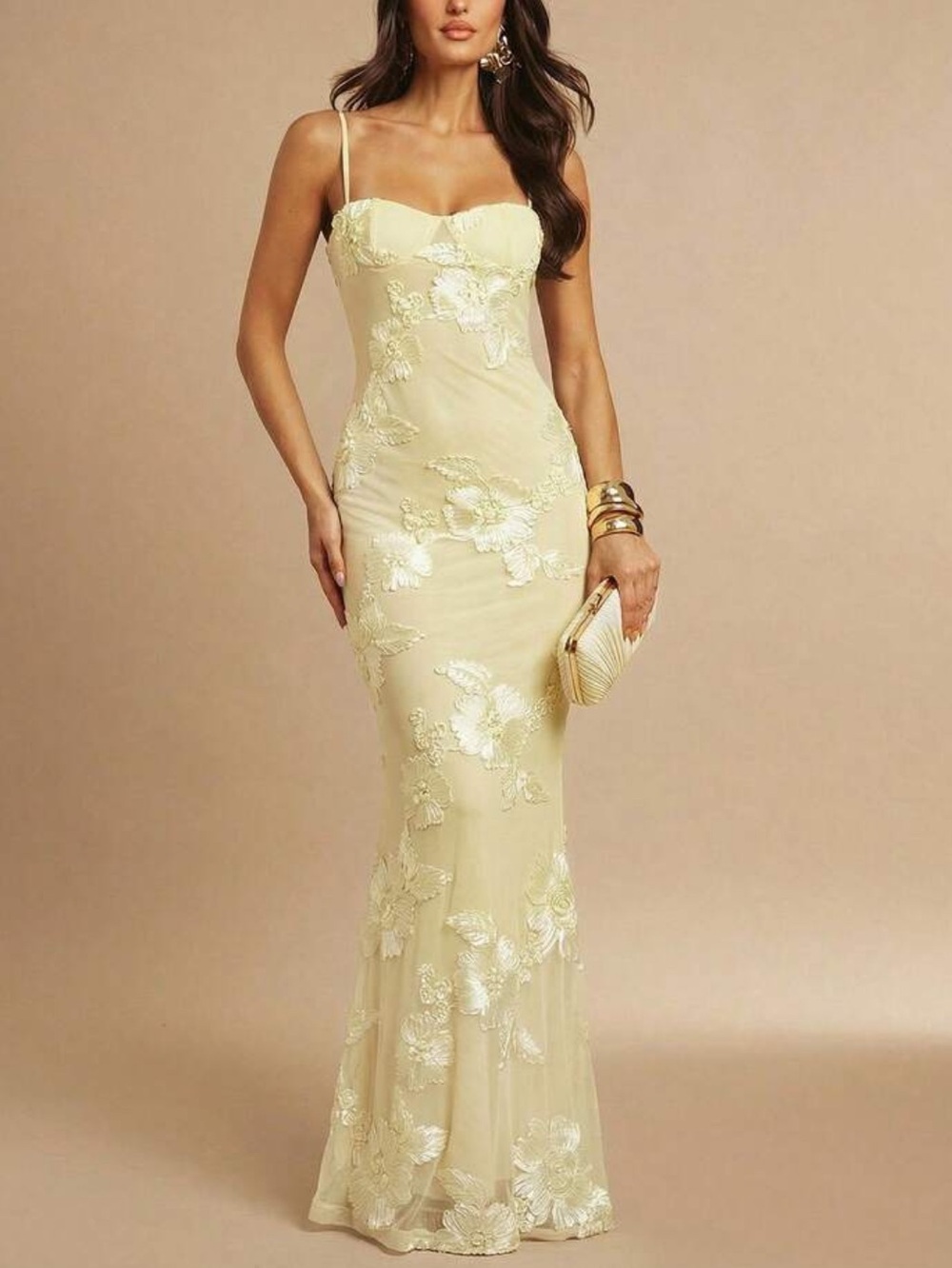 Elegant Yellow Lace Appliqué Spaghetti Strap Evening Dress